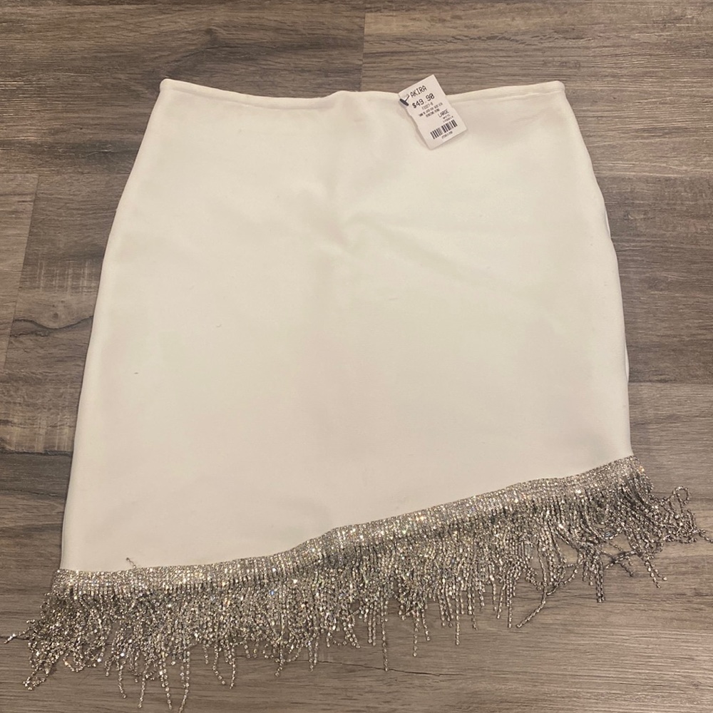 White bodycon mini skirt with rhinestones